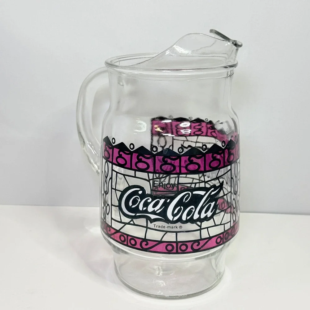 Vintage Coca-Cola Glass Pitcher Pink Stained Glass Logo Ice Lip 9 Inch Clear